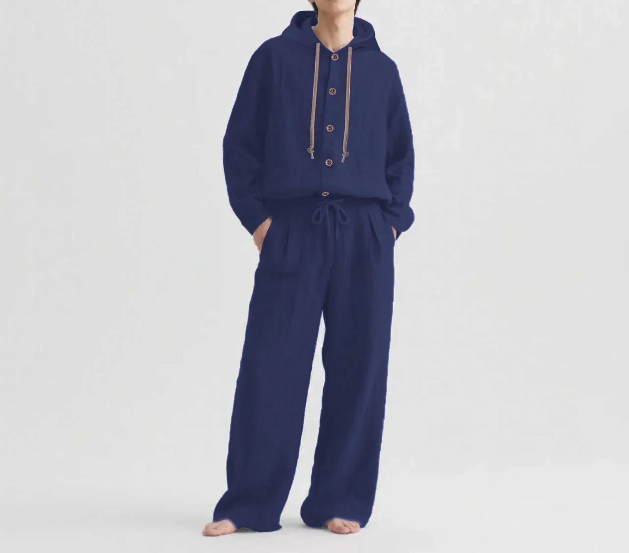 

2025 трансграничный американский льняной мужской повседневный костюм, свободные брюки с длинными рукавами, комплект рубашки