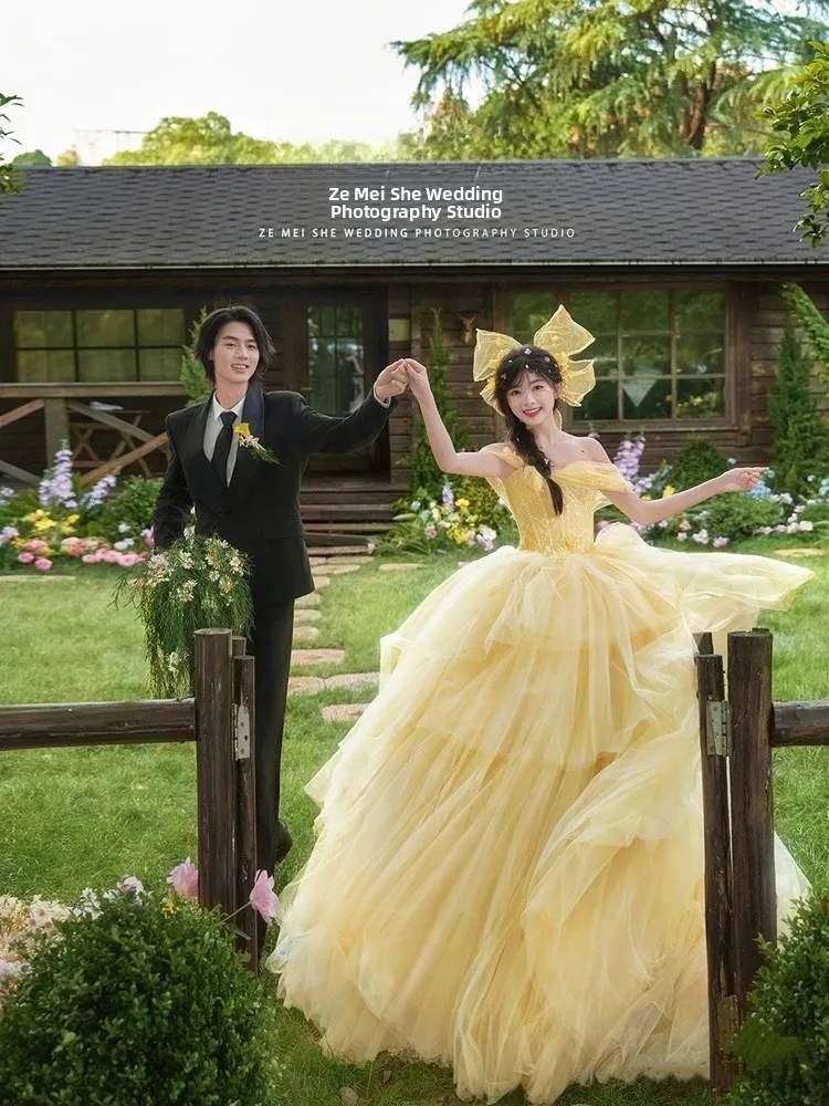 

Yellow Wedding Dress Princess Style Ultra Fairy Tale Forest System Travel Photography Studio Costume New Arrival 2025 Summer