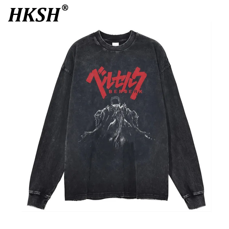 HKSH Spring Autumn New Men's Tide Japanese Retro Classic Anime Cartoon High Street Vintage Wax Print Long Sleeve T-shirt HK2963