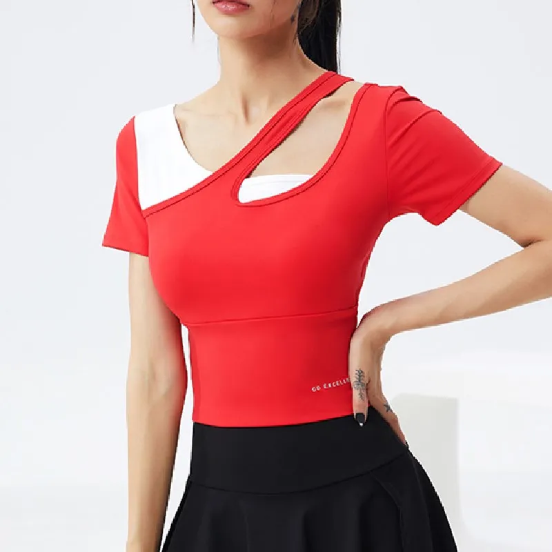 Women Sports Golf Tennis Slim Short Sleeve Athletic Contrasting Colors Tops Soft Sportswear Gym Fitness Running Yoga Shirts