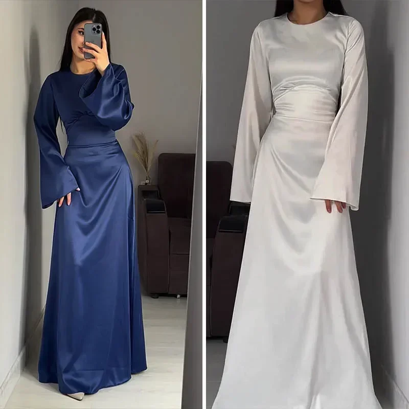

Satin Elegant Solid Maxi Dress For Women Sexy Evening Dresses Simple O Neck Flare Sleeve Birthday Party Dress Ladies Long Dress