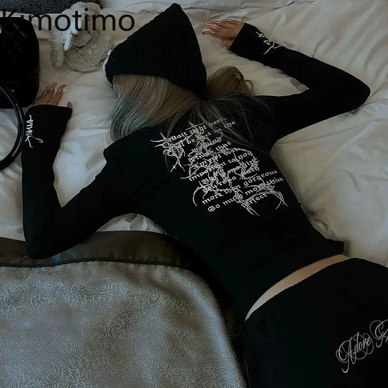 

Kimotimo, темная панк-футболка с длинными рукавами и принтом, женская винтажная облегающая футболка Y2k, эстетический укороченный топ, универсальные уличные футболки для пикантных девушек