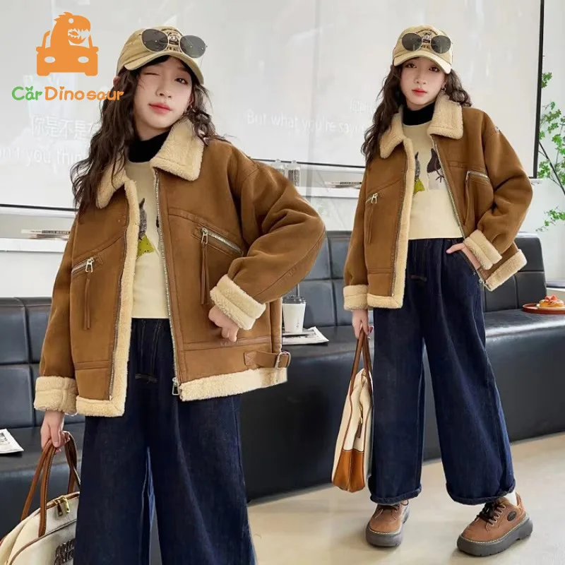 

Пальто из искусственной кожи для девочек, однобортное, свободное, повседневное, зимнее, детская одежда, модная утепленная верхняя одежда для подростков, теплая одежда