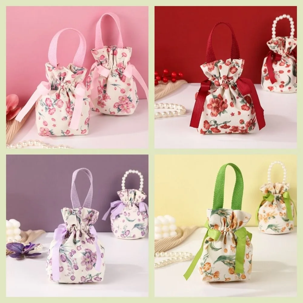 Ribbon Bow Canvas Flower Drawstring Bag Large Capacity Korean Style Festive Sugar Bag Storage Bag Coin Purse Wallet