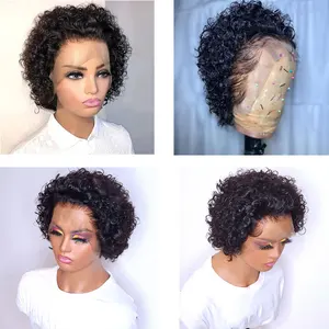 Perucas brasileiras encaracoladas do cabelo humano para mulheres, corte do pixie, perucas frontais do laço, extensões pretas curtas, 13x1, 13x1 8 principais vendas puchinho de cabelo crespo - №3
