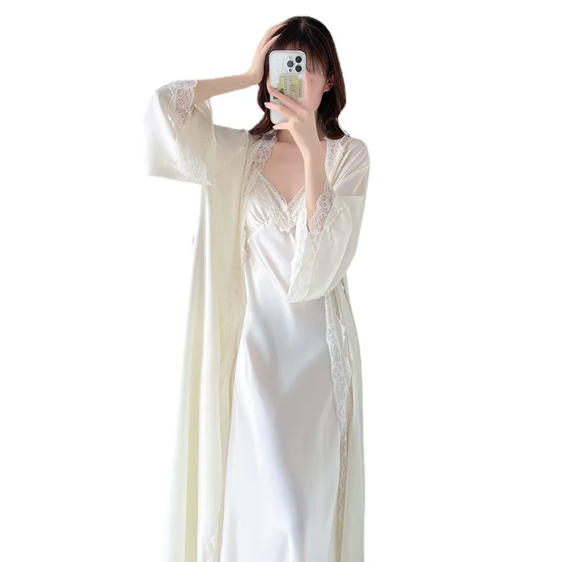 Women Sundress Dress Home Sleepwear Long Bathrobe Palace Loungewear Nightdress Lace Sexy French Princess Nightgown two-piece