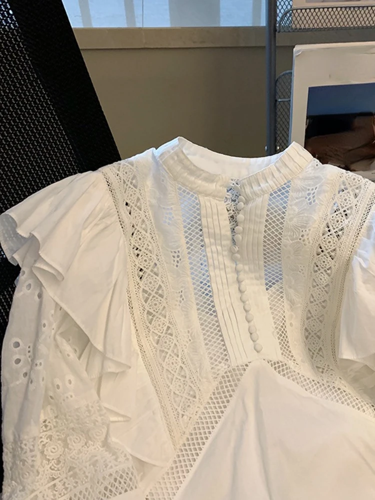 White Patchwork Lace Hollow Out Shirt Solid Simple Temperament Blusa 2024 Spring French Style Ruffles O-Neck Women Blouse