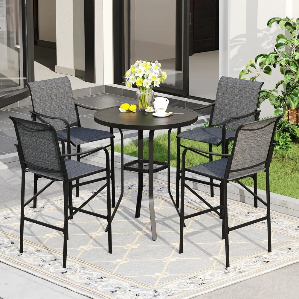 

5 Pieces Patio Bar Set for 4, 35.4" Round Metal High Top Table and 4 Textilene Bar Stools with Curved Armrests for Lawn