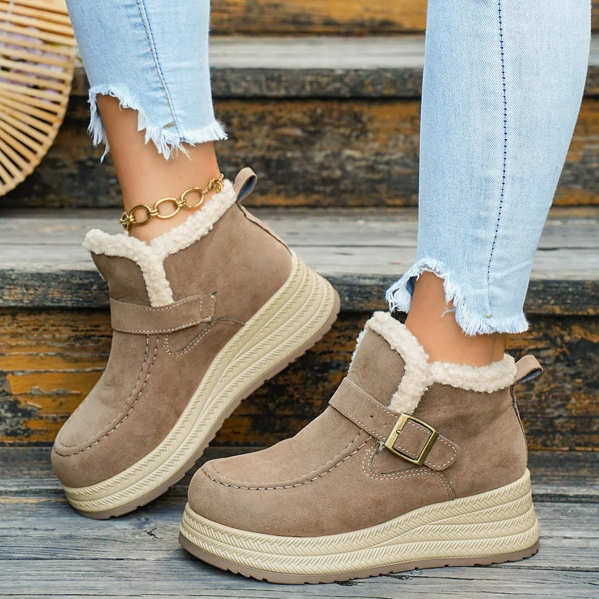 Winter Damen Einfarbige Vintage Bequeme Dicksohlige Keilabsatz-Schneestiefel Neue Damen Warme Lässige Modische Stiefel – Detail 9