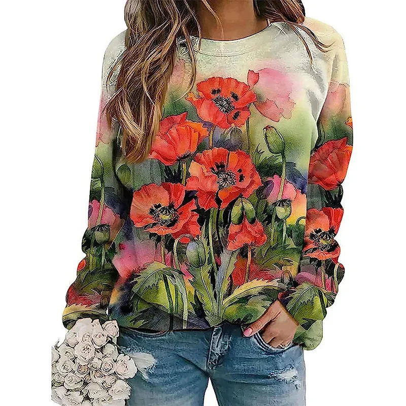 3D Oil Painting Printing Tshirts Long Sleeve For Women Fashion Streetwear Pullovers Girls Beautiful Flowers Clothing Floral Tops