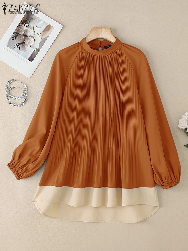

ZANZEA 2021, женская осенняя лоскутная блузка, модная рабочая рубашка, стильные топы с длинными рукавами-фонариками, однотонный плиссированный пуловер Mujer Femme