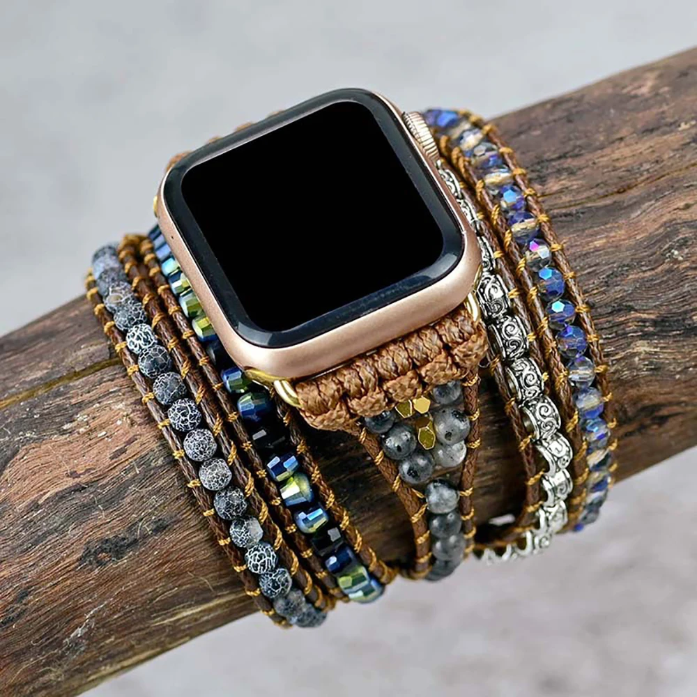 Bohemian Watch Band Women Men Boho Bracelet Strap for Apple Watch Retro Mixed Natural Stones Jewelry Multi Wrap Bracelet Gift