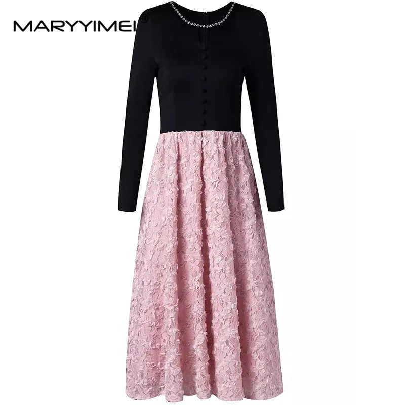 

MARYYIMEI New Fashion Women's High-End Temperament Splicing Fake Two Pieces Three-Dimensional Flower Nail Drill Big Swing Dress