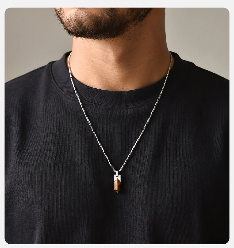 Vnox Natürlicher Tigerauge-Sodalith-Stein Anhänger Halskette für Männer, Edelstahl Geometrische Kastenkette Punk Herrenschmuck Geschenk – Detail 2