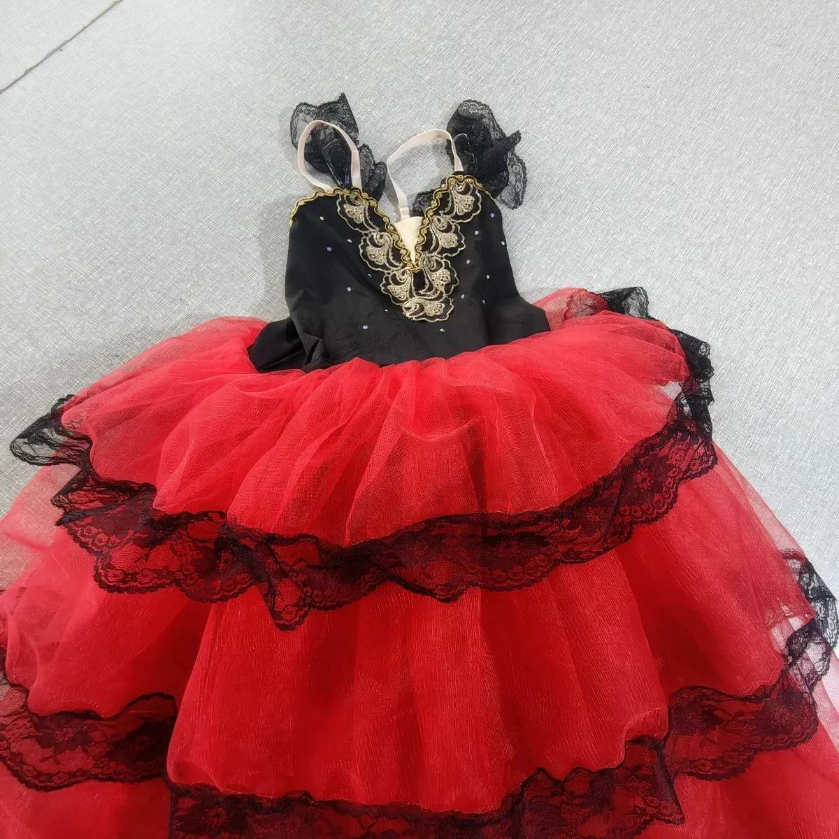 Professional Spainish Red Long Skirt Black Red Adult Children's Ballet Performance Dress