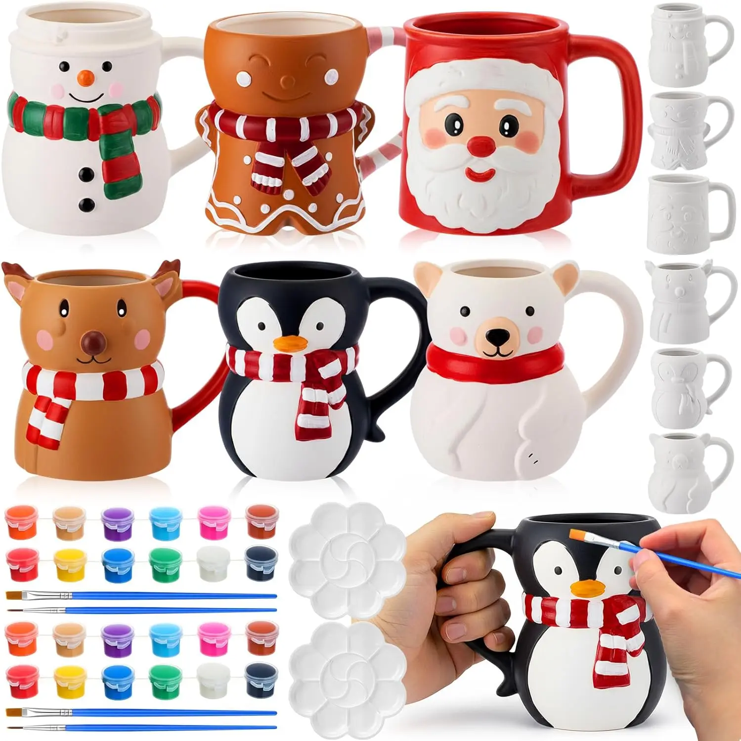 

6 комплектов рождественских красок, ваши собственные кружки, набор для рукоделия, рождественская керамика для краски, Санта Лось, снеговик, пингвин, пряничный человечек, белая шаа