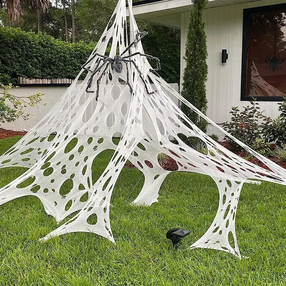 Halloween Cobweb Outdoor Decorations Giant Stretch DIY Arachnid Web With 10 Ground Stakes Elastic Cobweb Netting Spooky Ornament