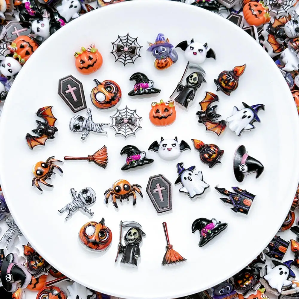 30 Stück 3D Cartoon Halloween-Serie Harz-Nagelkunst-Dekorationen, verschiedene Stile, kreative Kürbis-, Besen-, Katzen- und Geister-Nagelanhänger für DIY – Detail 4