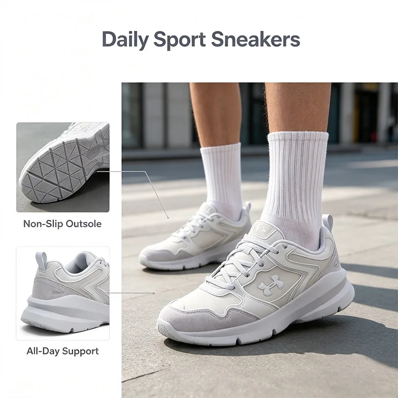 Under Armour White Gray Athletic Running Shoes Breathable Mesh Thick Sole Non-Slip Sneakers for Gym Walking Outdoor