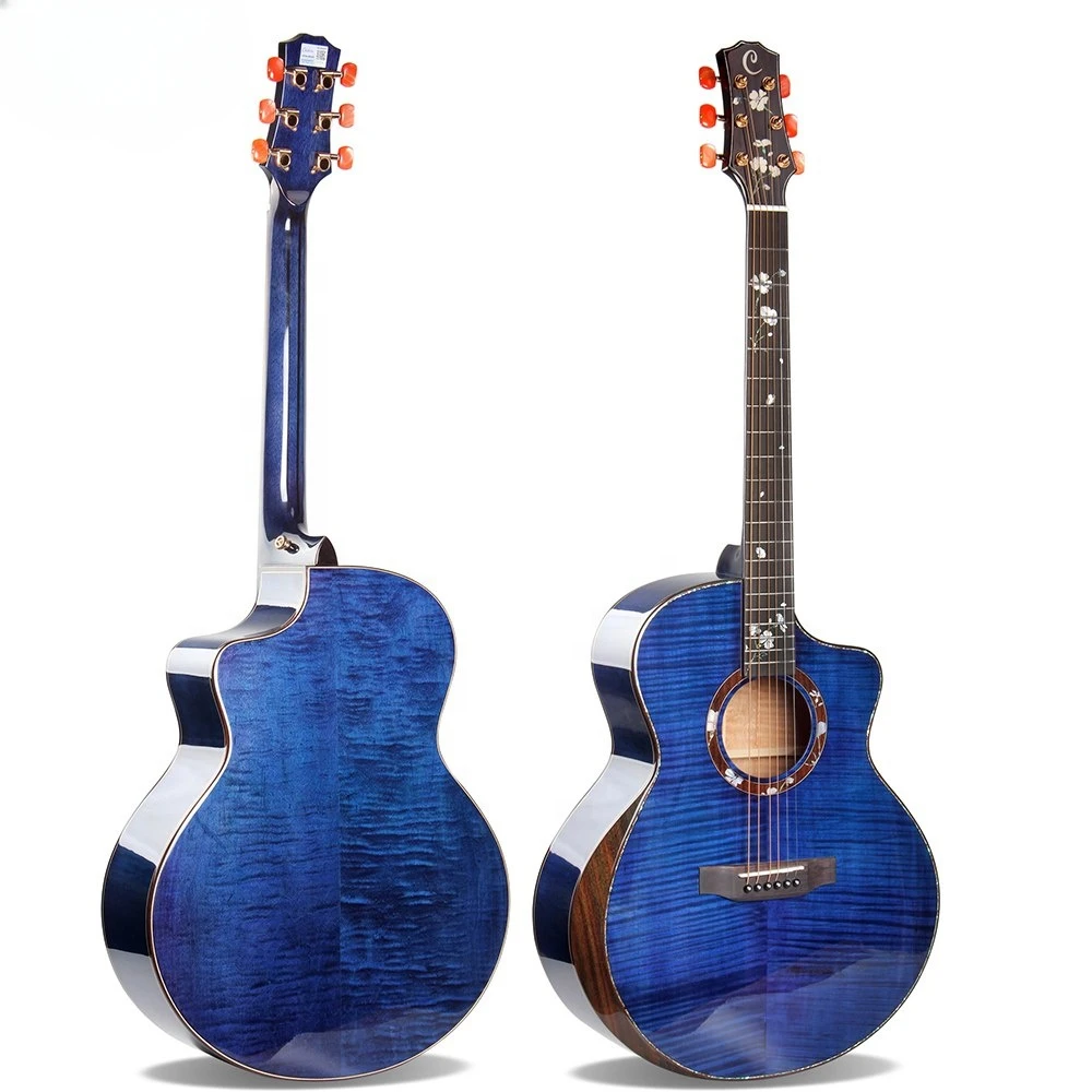 

New Design Brush Blue Color Full Flame Maple Solid JF Body 41 Inch Fingerboard With Shell Flower Inlay Armrest Acoustic Guitar