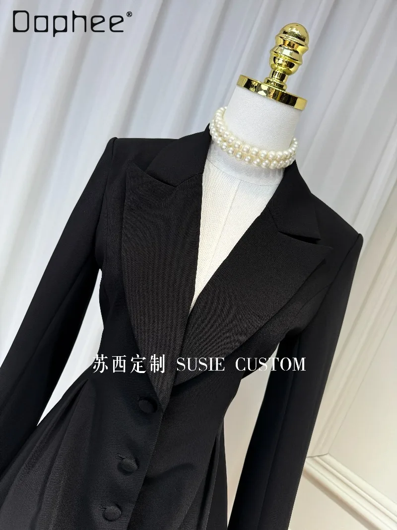French Elegant Socialite Blazer Hepburn Style Fashion Ruffled Trim Patchwork Long Sleeve Cross Collar Slim Mid-Length Blazer