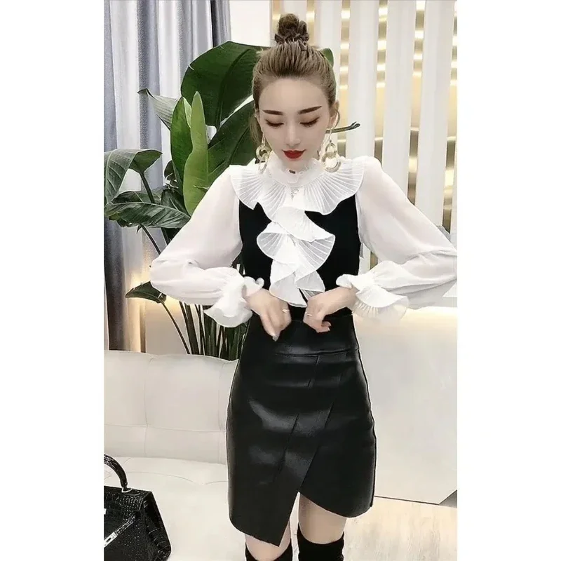 Odzież damska Ruffles Patchwork Elegancka koszula Topy Wiosna Jesień Kontrastowa bluzka biurowa z długim rękawem Moda Vintage ZT253