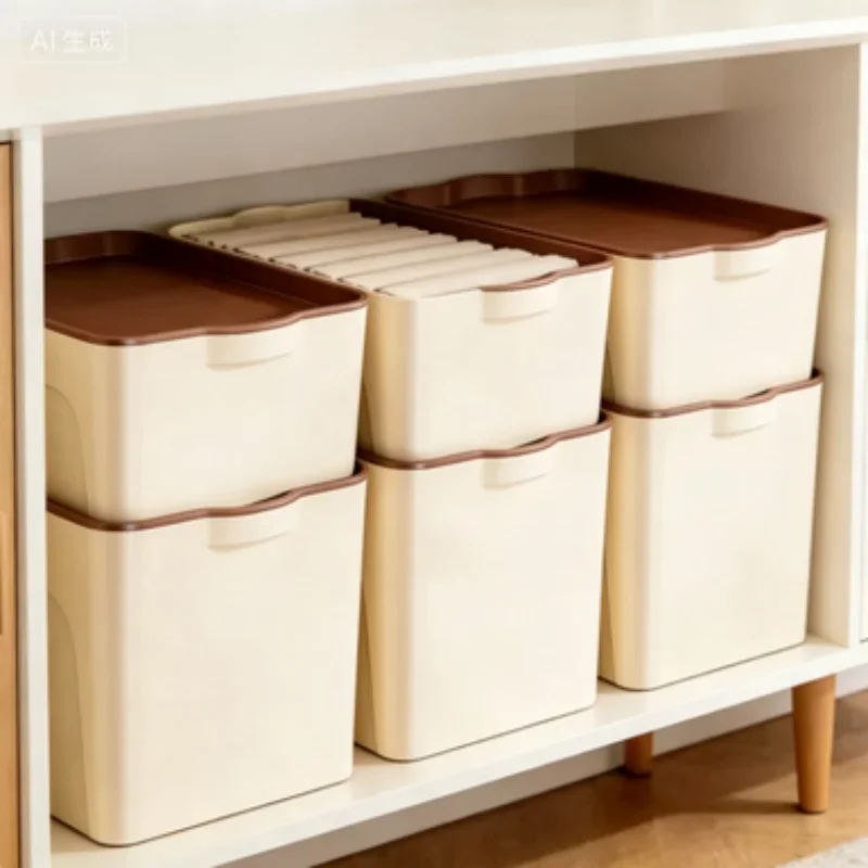 Plastic Storage Box with Cover Stackable Sundries Toy Organizer Closet Wardrobe Desk Organizer Clothes Kitchen Storage Basket
