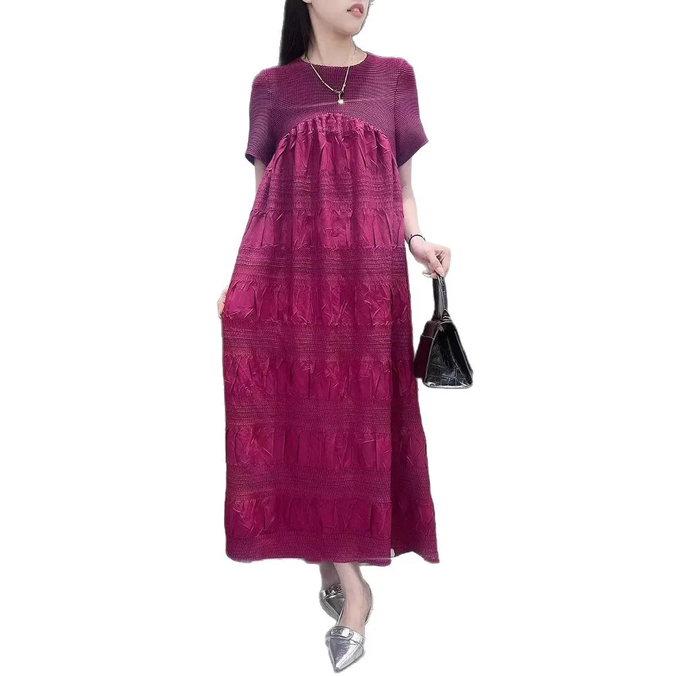 Miyake Lockeres, plissiertes, besticktes Kleid für Damen, Rundhalsausschnitt, kurze Ärmel, A-Linien-Kleider, 2025, Sommer, neue Flut