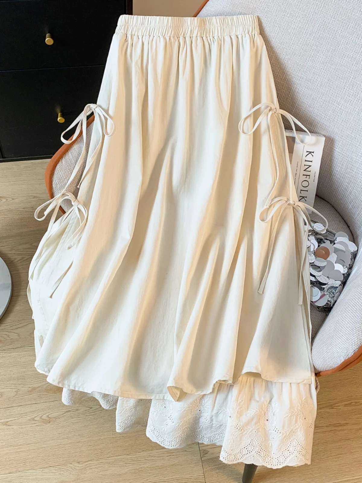 

High Waist A-Line Midi Skirt Women's Design Loose Lace Trim Double Layered Korean Style Casual And Pear Shaped Body