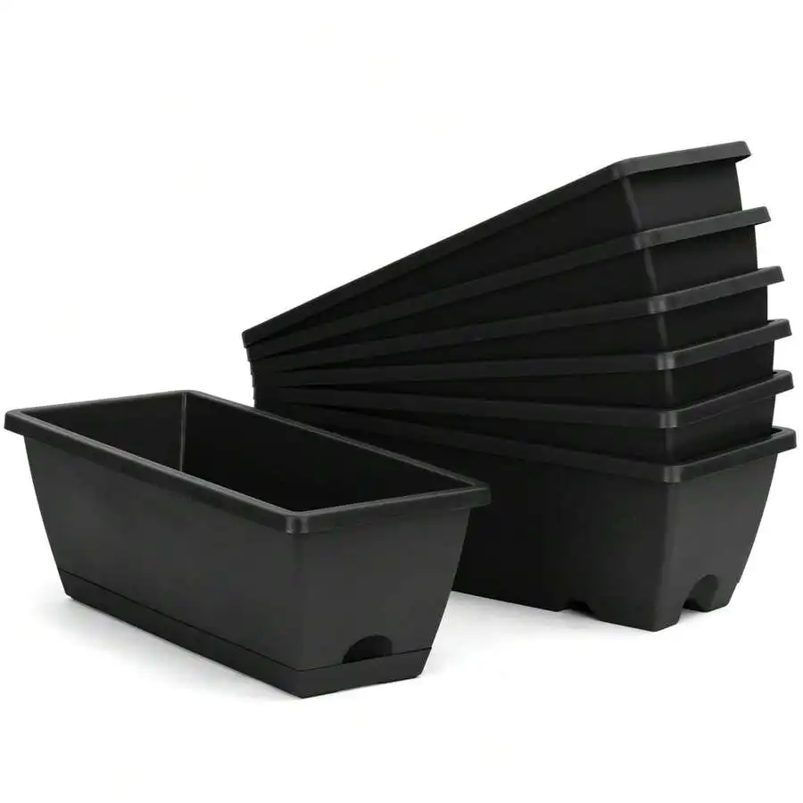 7 Pcs Window Box Planter, 43 Cm Rectangle Flower Box With Drainage Holes And Trays, Plastic Planters For Windowsill Patio Porch Garden Decor, Black