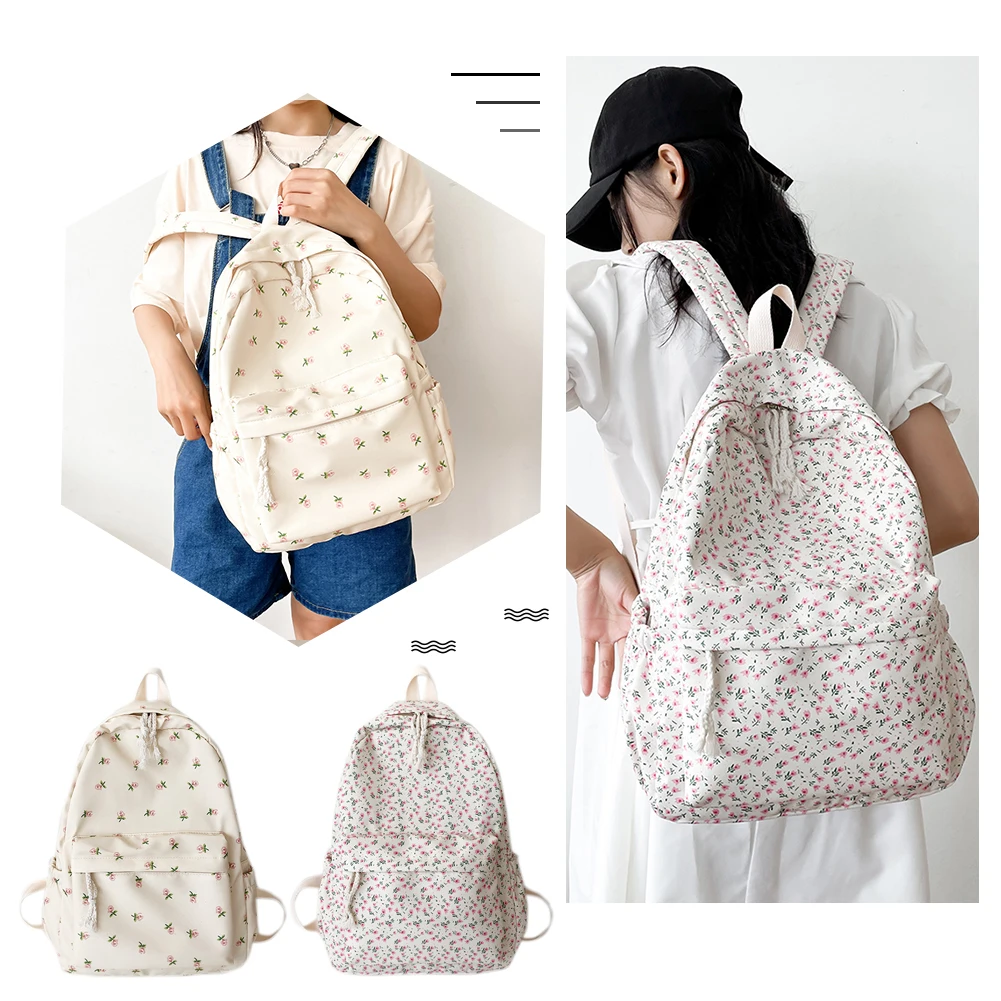 Women College Student Backpack Large Capacity Simple Floral Backpack Adjustable Strap Floral Backpack Students Daily Bag