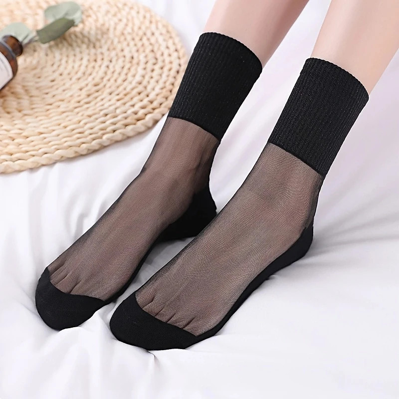 1/2/3/4/5Pairs Black Shiny Detail Socks, Colorblock Sheer Mesh Mid Tube Socks, Women's Stockings & Hosier
