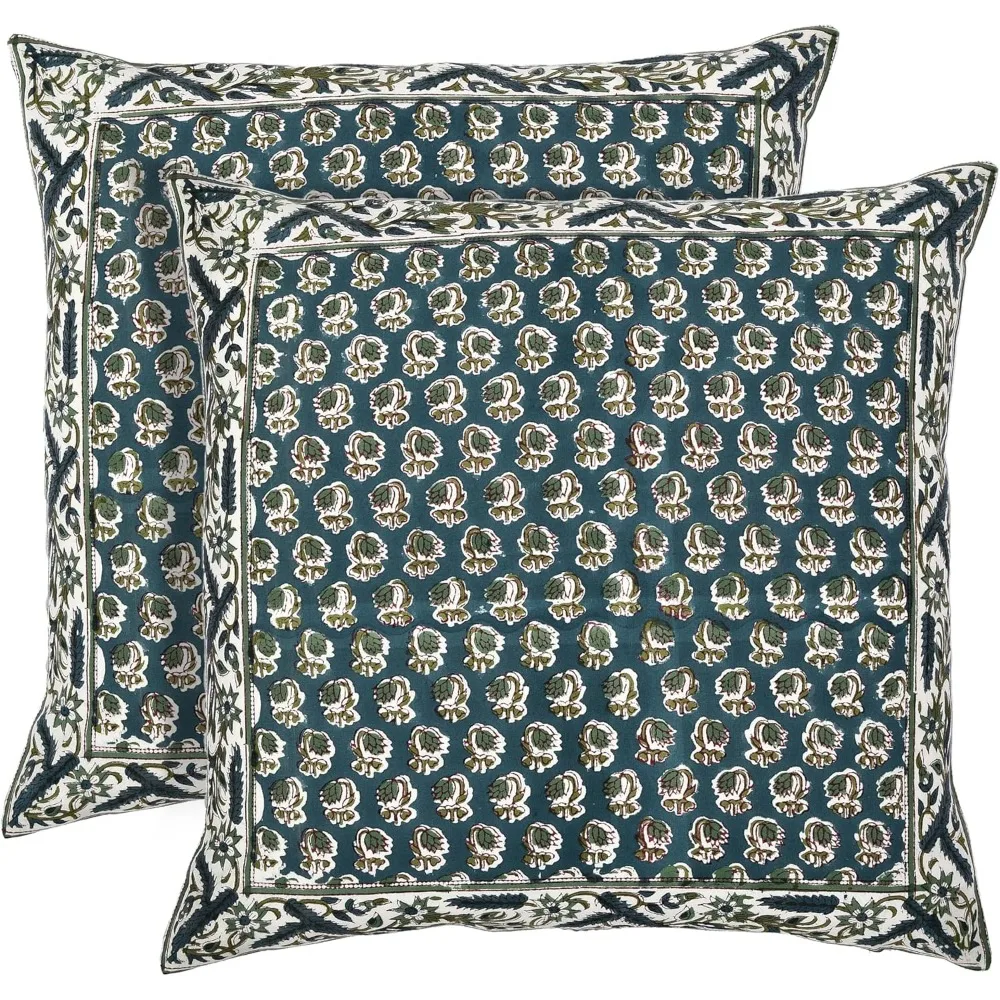 

Ridhi Modern Farmhouse Pillow Covers - Set of 2 Cotton Throw Pillows with Peacock Blue and Bordered Design for Home Decor