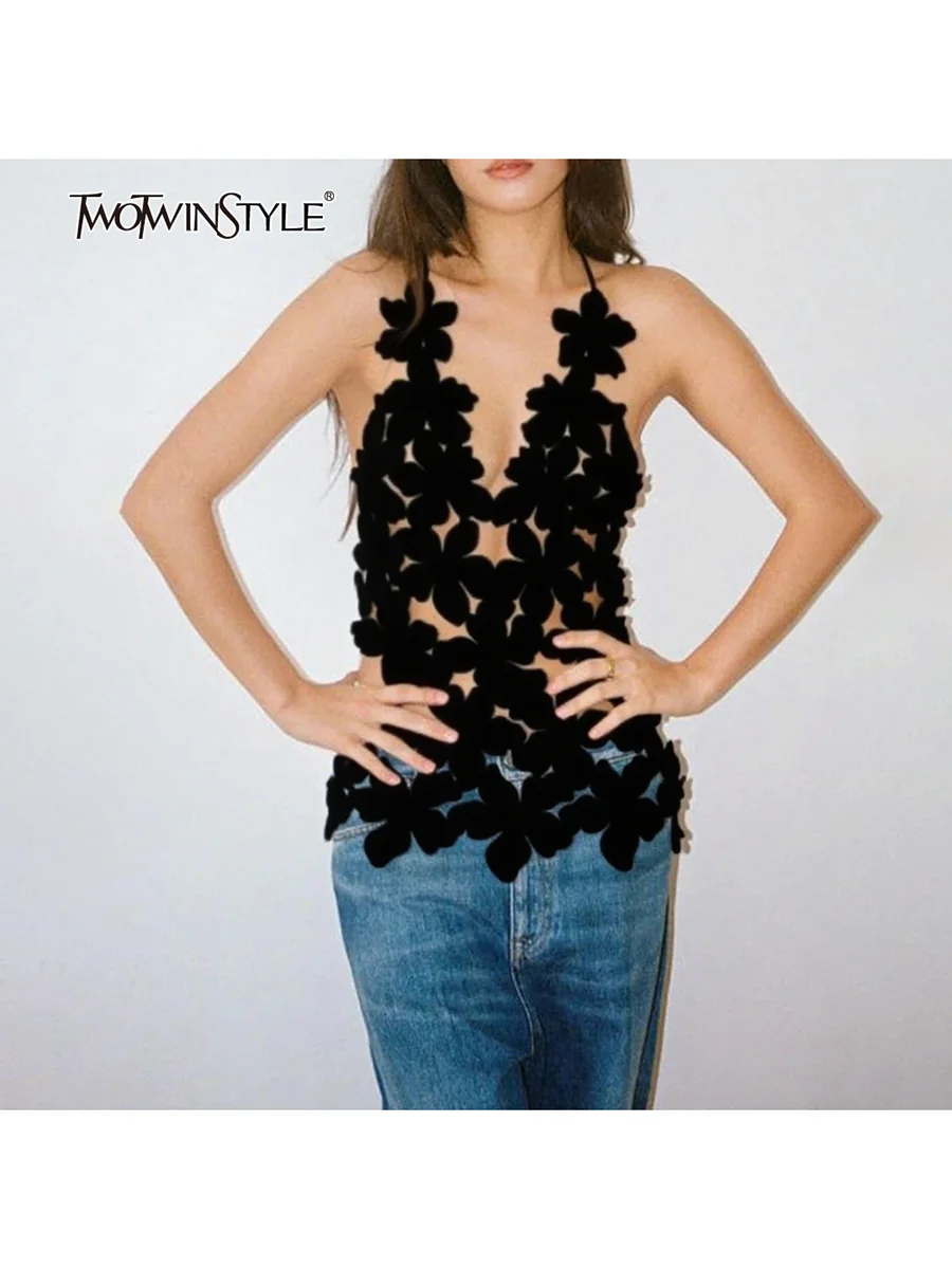 TWOTWINSTYLE Solid Hollow Out Minimalist Sexy Vests For Women V Neck Sleeveless Backless Spliced Lace Up Top Female Fashion New