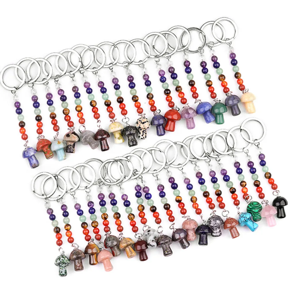 Random Color Natural Stone Reiki Crystal Seven Chakras Keychain Mushroom Shape Pendant Stainless Steel Car Key Chain Accessories