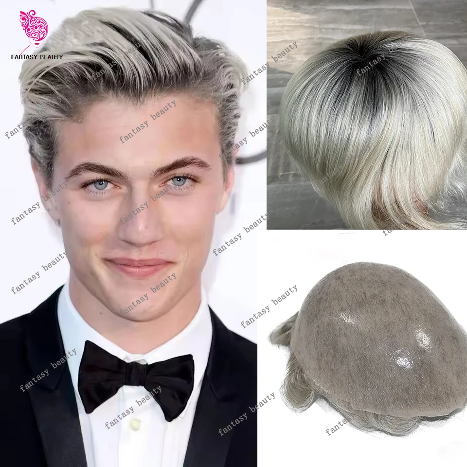 الجذر الأسود الطبيعي 1bt60R البلاتين شقراء 100% شعر الإنسان تنفس كامل السويسري HD الدانتيل رجل شعر مستعار Vloop دائم الجلد Pu شعر مستعار