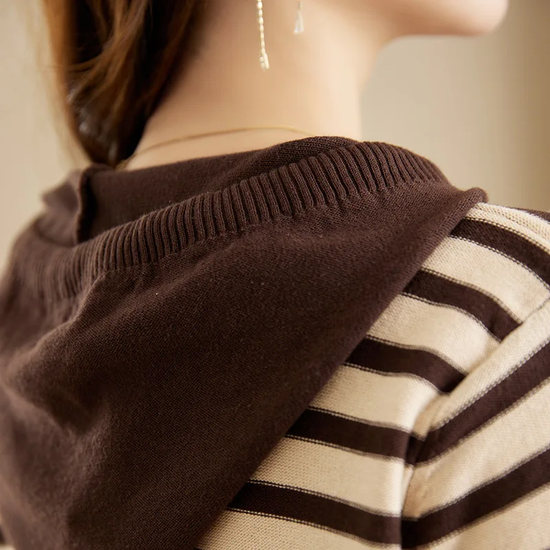 Vintage Striped Casual Hooded Sweater for Women Letter Print Y2K Pullovers Sweater Spring Autumn Trend All-Match Knitwear Tops