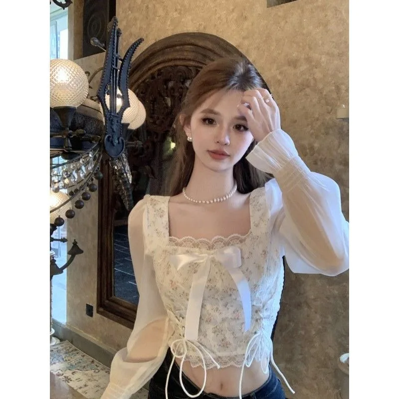 Sweet Lace Patchwork Shirt Women Square Neck Lace Up Print Flower Collarbone Spicy Girl College Slim Spring Chic Temperament Top