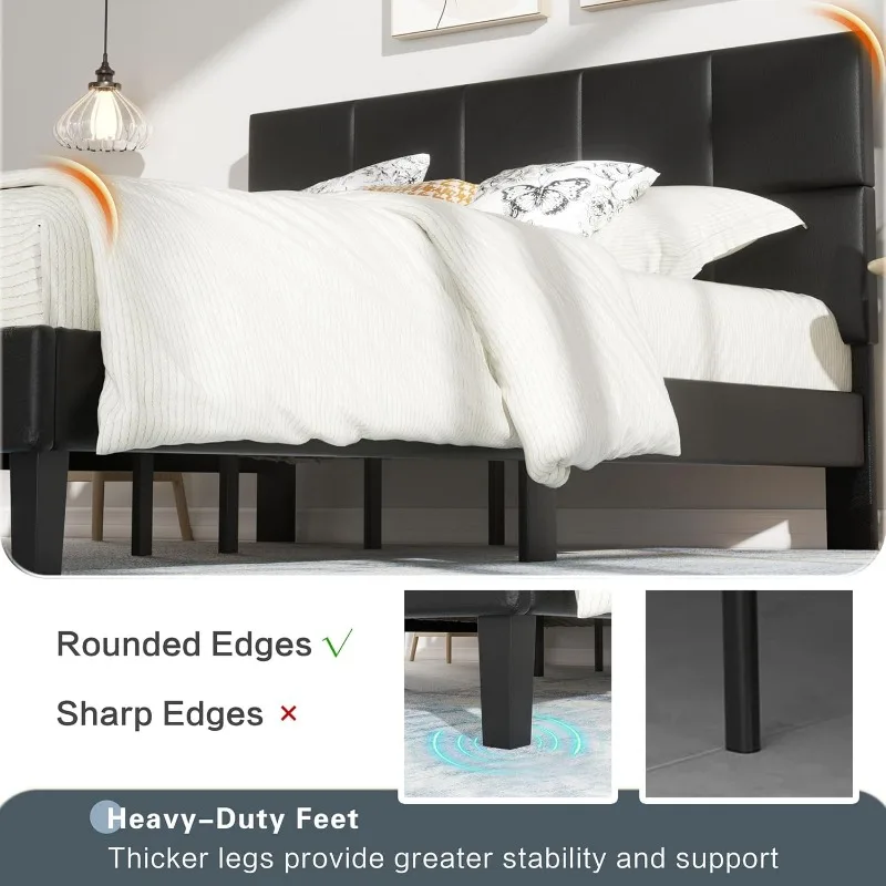 Platform bed frame Queen size, tufted Queen bed frame, leather upholstered headboard, easy to assemble, black