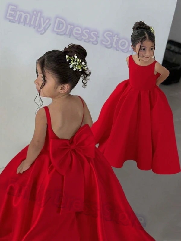 カスタマイズされた紫色のフラワーガールのドレス結婚式のサテンと弓ノースリーブエレガントなふわふわ子供の誕生日初聖体夜会服