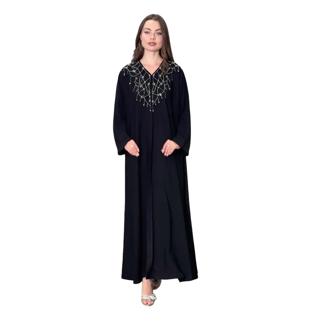 

New Middle East Muslim Women's Clothing Fashion Hot Diamond V-neck Casual Loose Dubai Abaya Robe