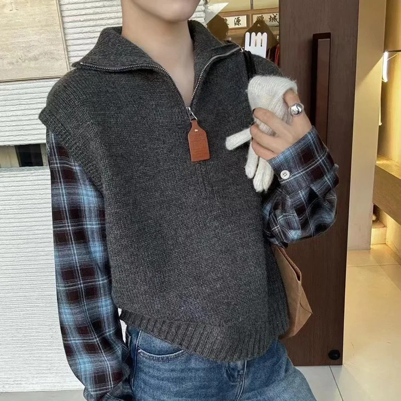 

Fake Two-piece Spliced Knitted Sweater for Women's Autumn and Winter New Style Semi Open Collar Zipper Loose Casual Sweater Top