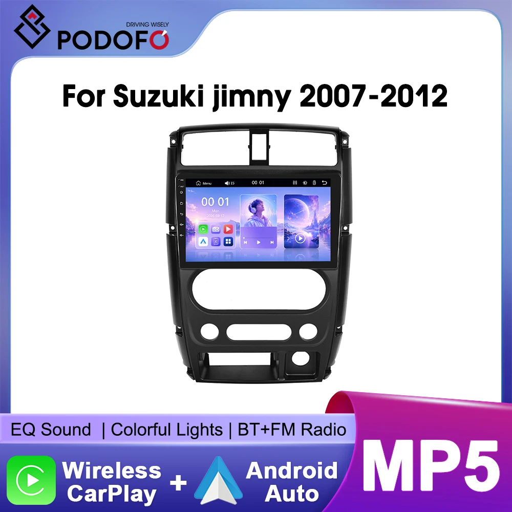 Autoradio stereo Podofo da 9 pollici per Suzuki Jimny 2007-2012 con CarPlay wireless, Android Auto, Bluetooth, Mirrorlink, lettore multimediale video