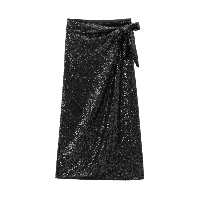 TRAF ZR Split Skirt with Elastic Waist Luxury Elegant Women's Skirts  Evangelical Women's Skirts Solid Sequins Autumn Skirt