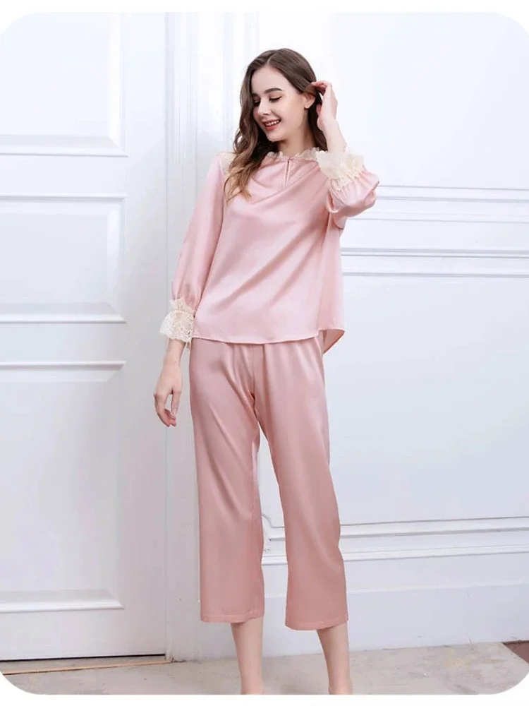 French Style 19 Momme 100% Natural Silk Lace Trim Long Sleeve Shirt&Pants Spring Casual Pajamas Fairy Pajama Homewear Sleepwear