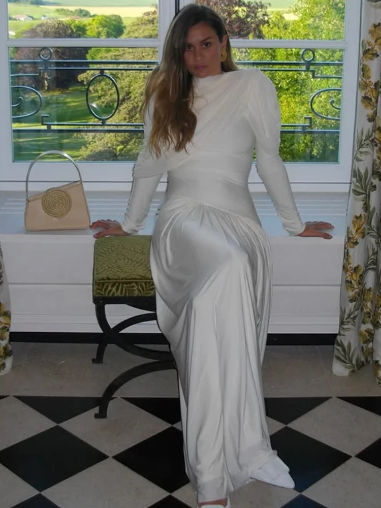 Robe châle plissée pour femmes, couleur unie, Chic, col mi-haut, manches longues, taille haute, Slim, nouvelle robe de soirée quotidienne, 2025