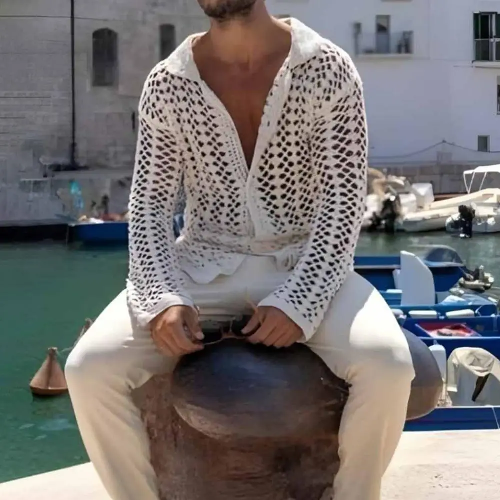 Men Knitted Shirt Stylish Men's Knitted Mesh Shirt with Lapel Long Sleeves Hollowed Out Design Top for Wear Street Style Beach