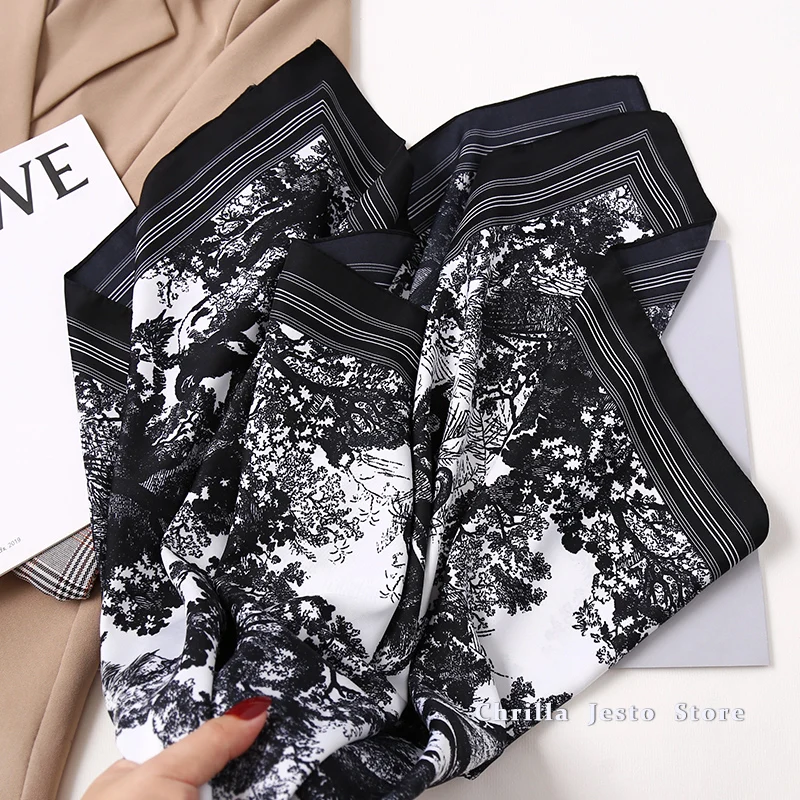 Women Spring Autumn Fashion Accessories Floral Printed 90x90cm Square Hijab Scarf Twill Imitated Silk Foulard