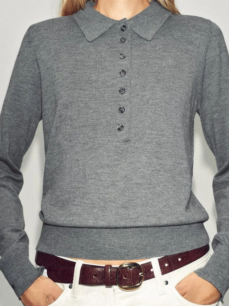 เสื้อสเวตเตอร์ถักไหมพรมสีพื้นเรียบง่าย สไตล์แฟชั่น ฤดูใบไม้ผลิ 2026 สำหรับผู้หญิง ทรงเข้ารูป แขนยาว สไตล์ลำลอง