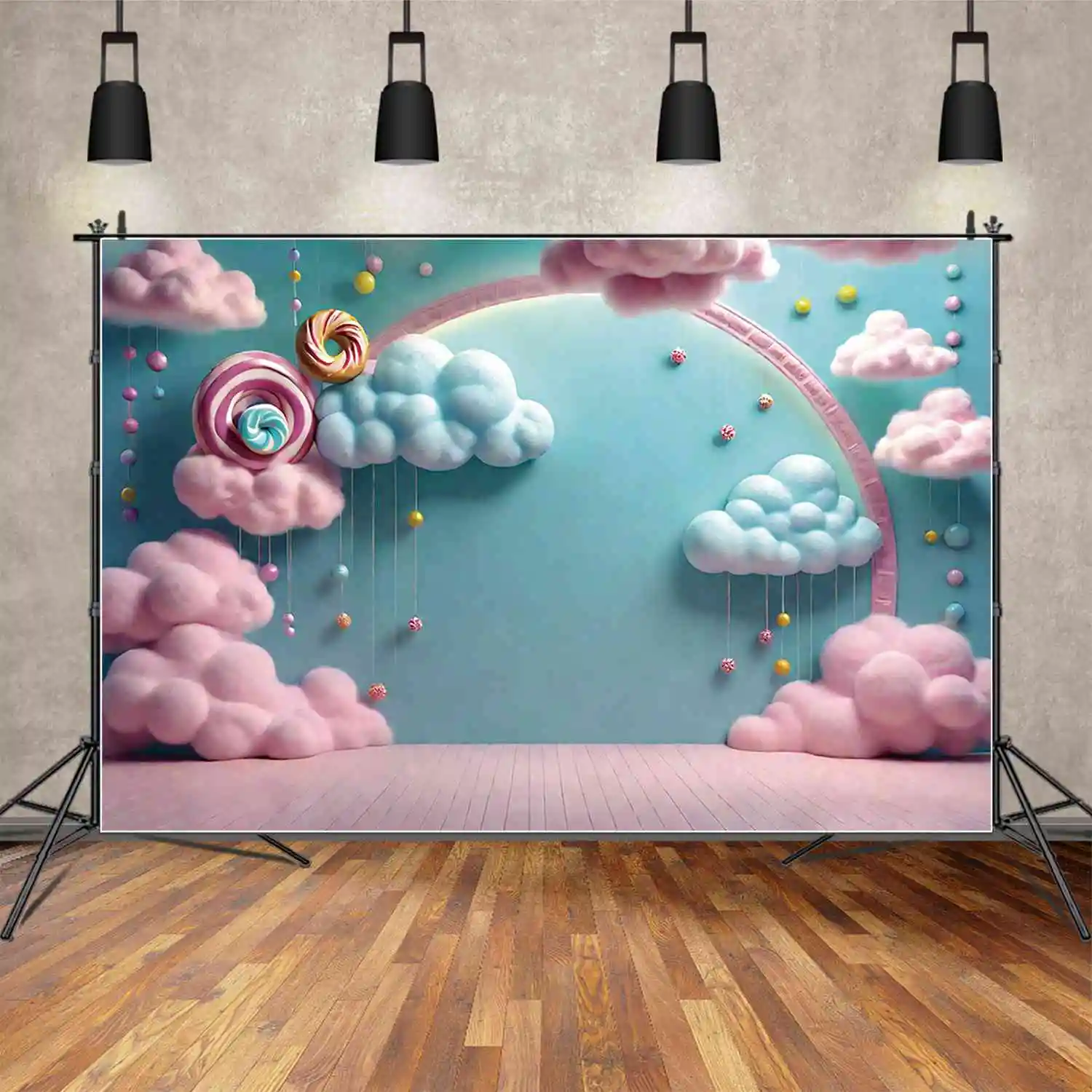 MOON.QG 3D Candyland One Birthday Background Children's Wall Blue Sky Pink Clouds Backdrops Customized Party Photocall Props